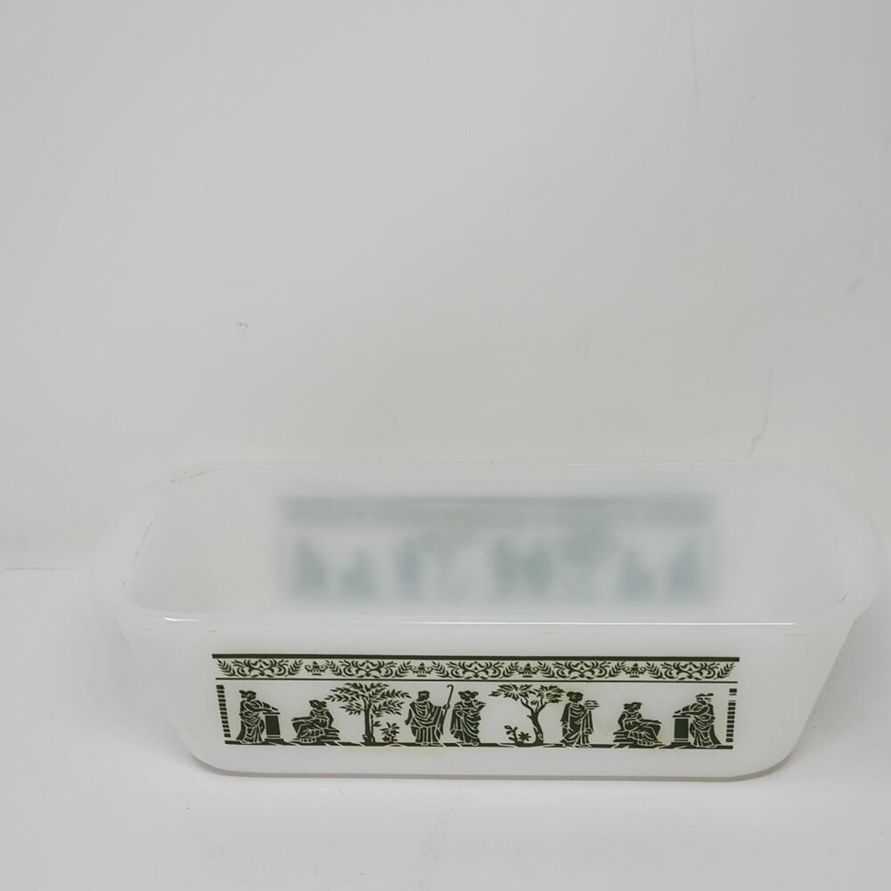 Glasbake Vintage White and Green glass Loaf pan Hellenistic Pattern Good